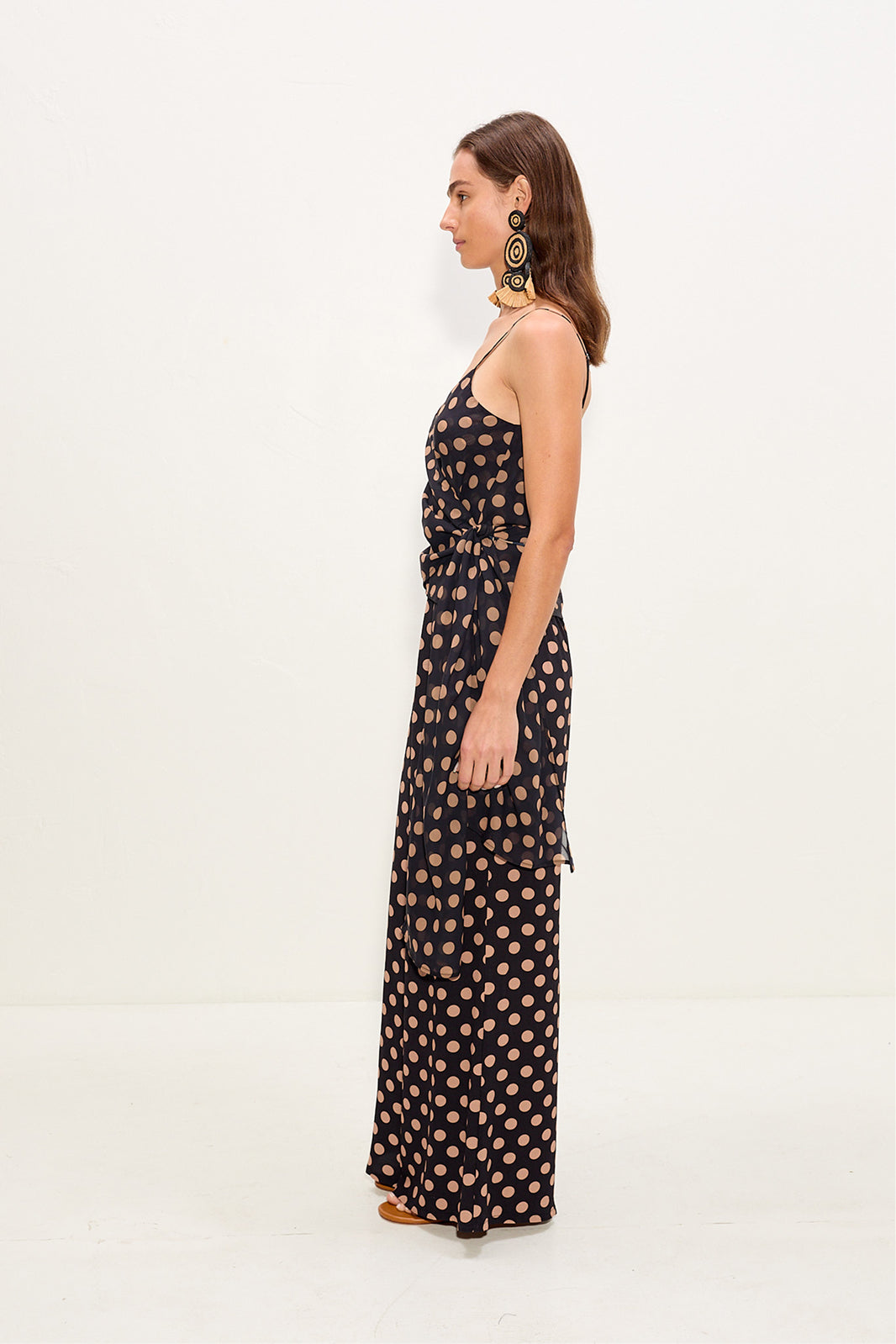 Marlowe Chiffon Tie Tank In Black/Tan Polka Dot