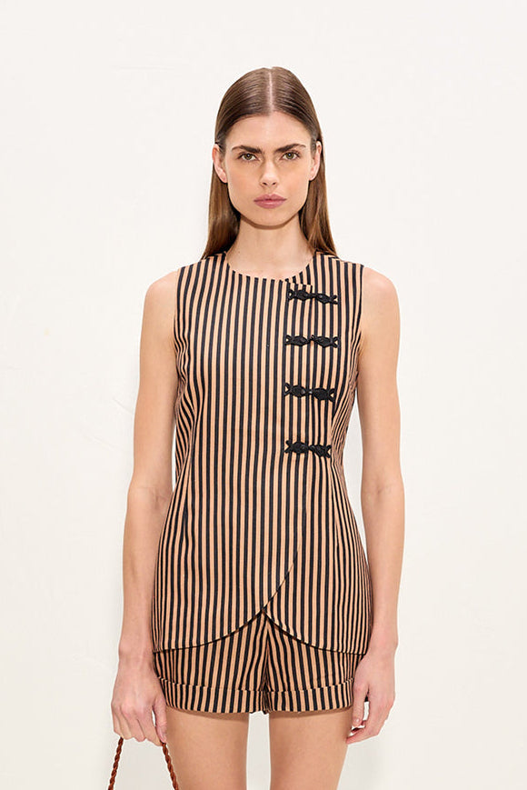 Mavis Linen Top In Black/Tan Stripe
