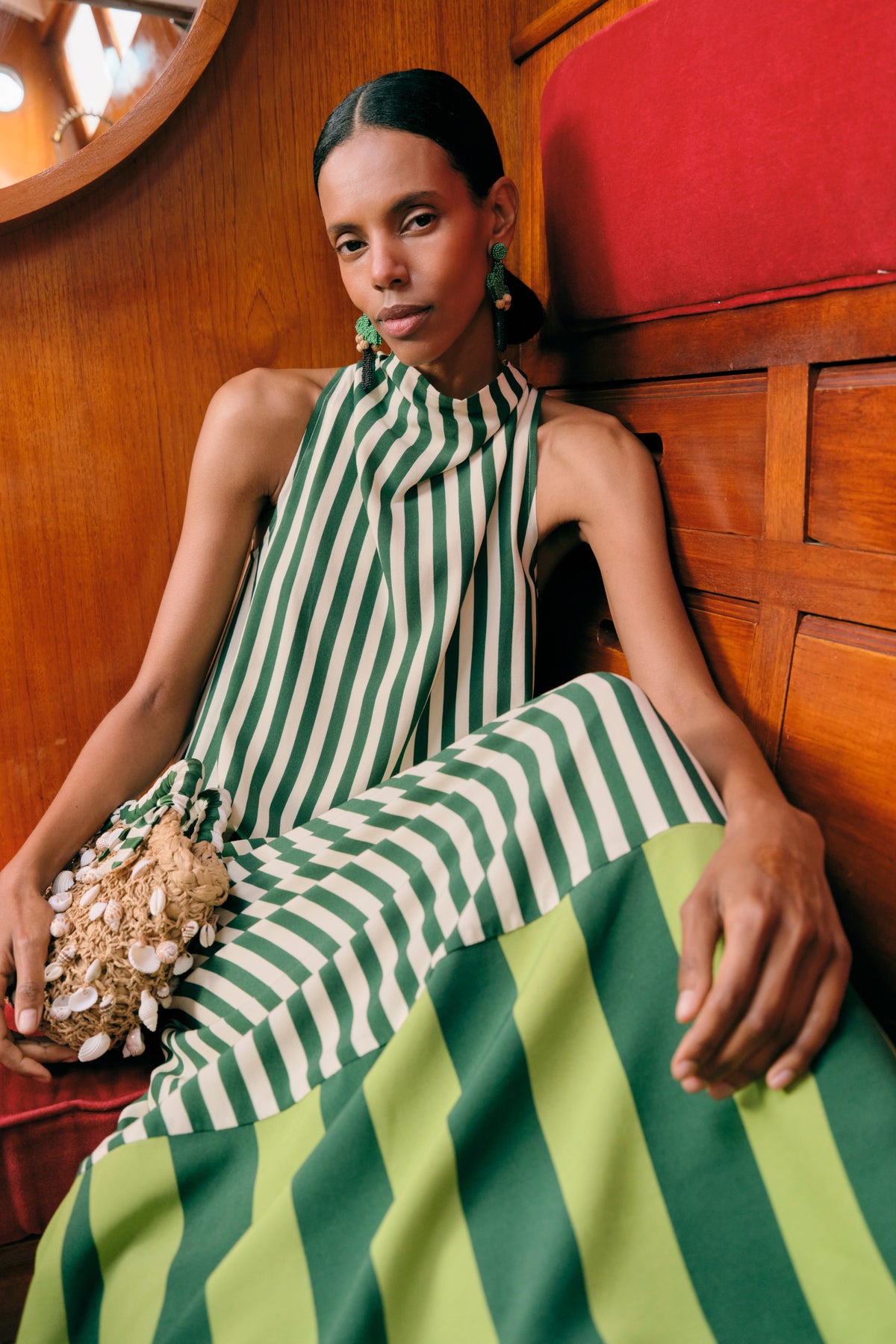 Mona Crepe Dress in Green Stripe Combo