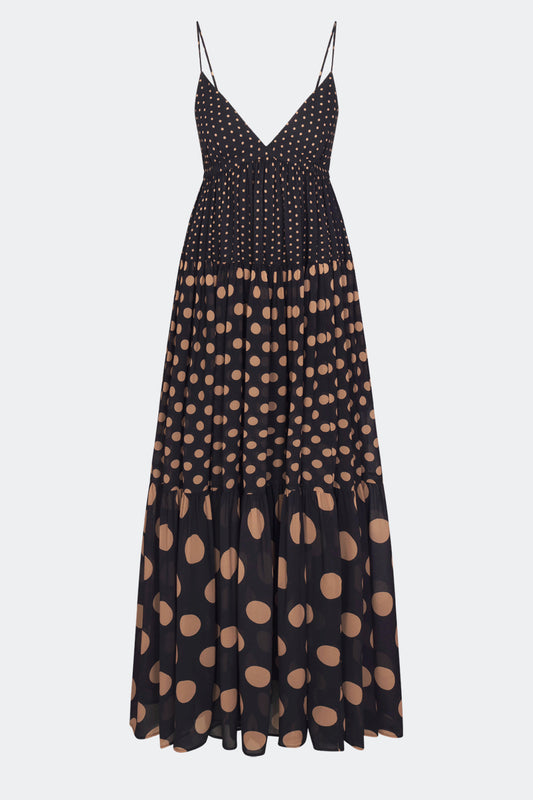 Romi Chiffon Maxi Dress In Black/Tan Polka Dot