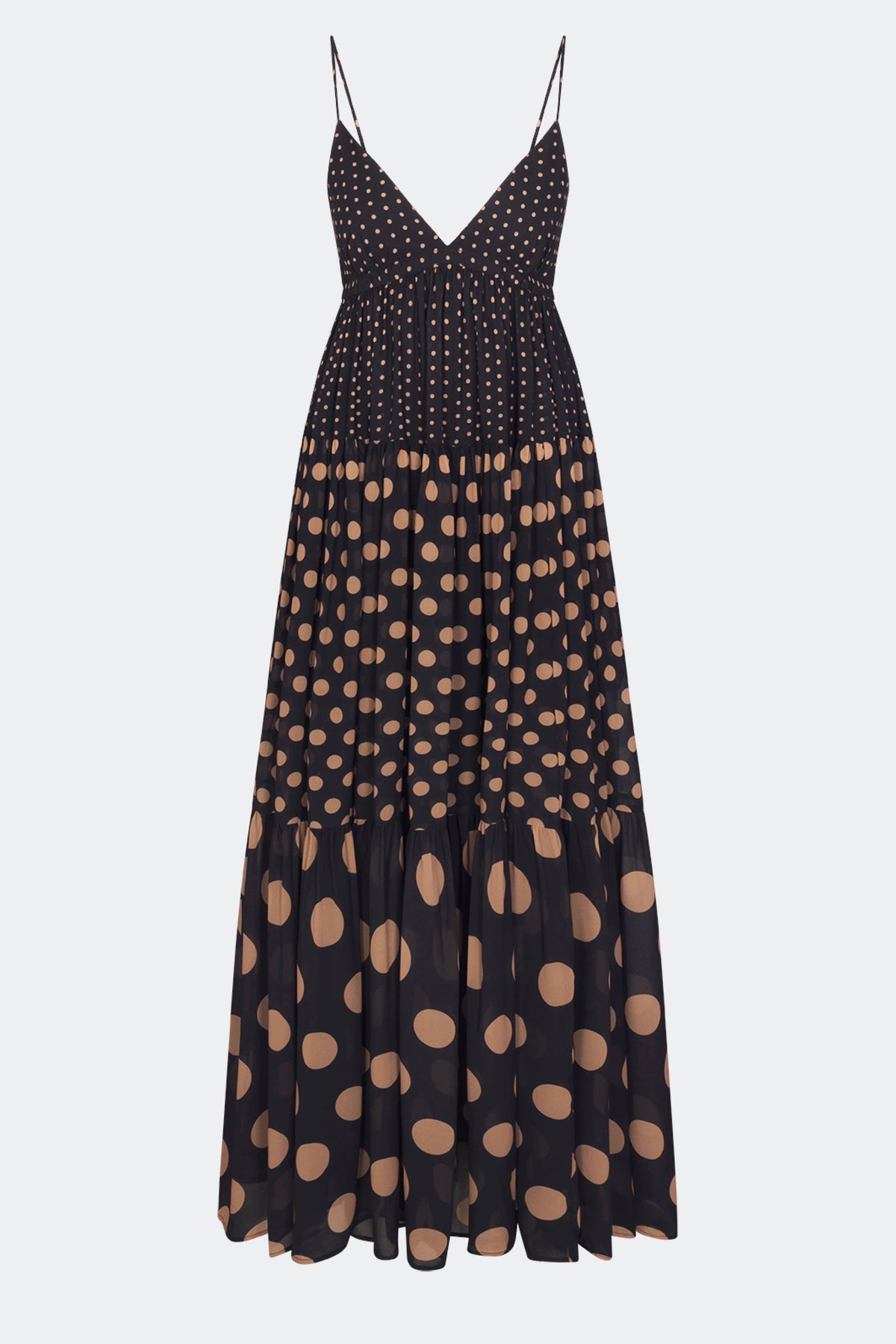 Romi Chiffon Maxi Dress In Black/Tan Polka Dot