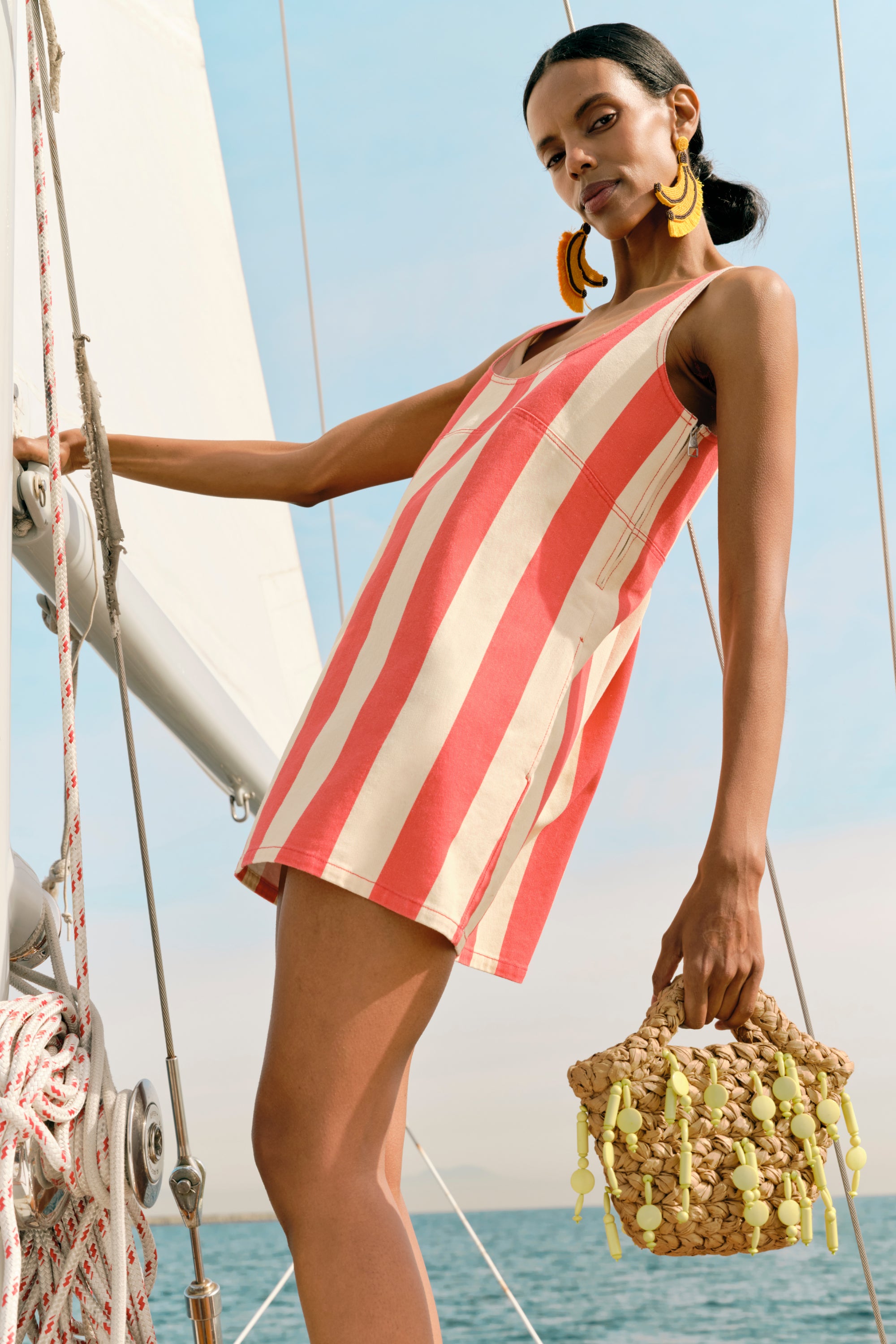 SIMONMILLER Sahara Striped Denim Dress in Red,Ivory