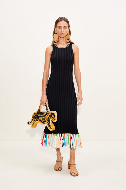 Thea Knit Fringe Dress In Black Multi